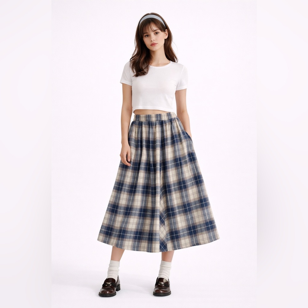 Samansa Mos2 Plaid Cotton Skirt Blue Preppy Academia Miu Miu Style
